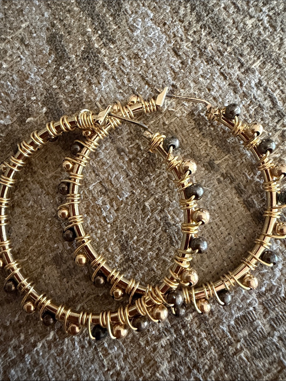 14 kt gold filled hoop earring with pyrite and gold beads ,handmade ! 1-1/2 inch